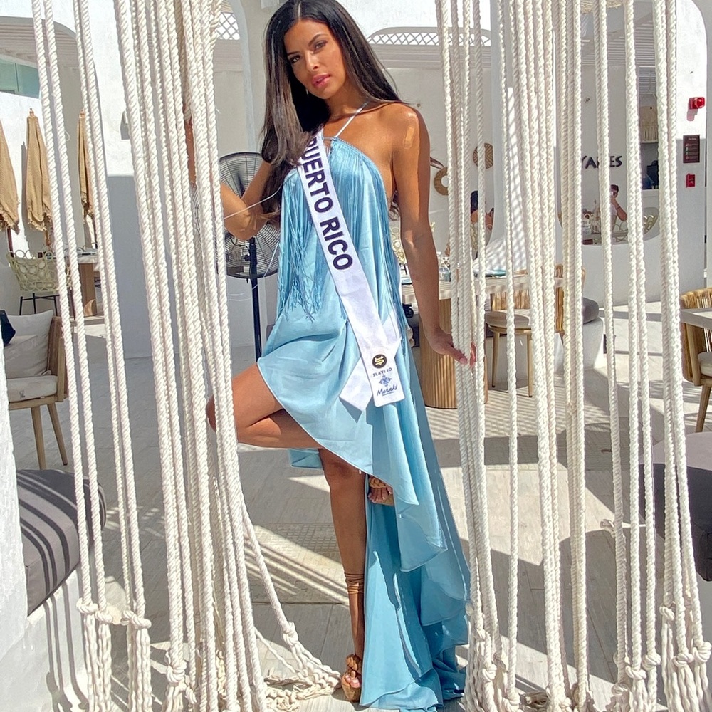 Michael Costello blue fringe hi low dress